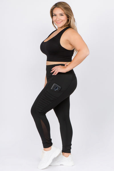 High Waisted Leggings with Mesh and Moto Pockets - Black